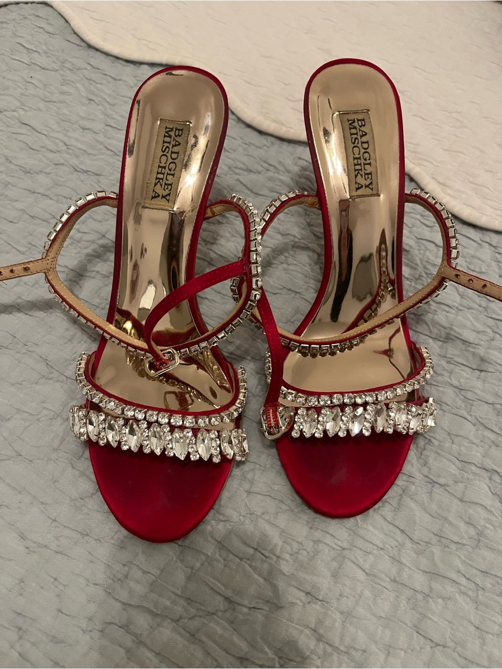 Badgley Mischka Red Crystal Fringe Satin Heels